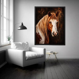 horse portrait wall art canvas, realistic horse painting decor, rustic equine artwork, brown white horse wall art