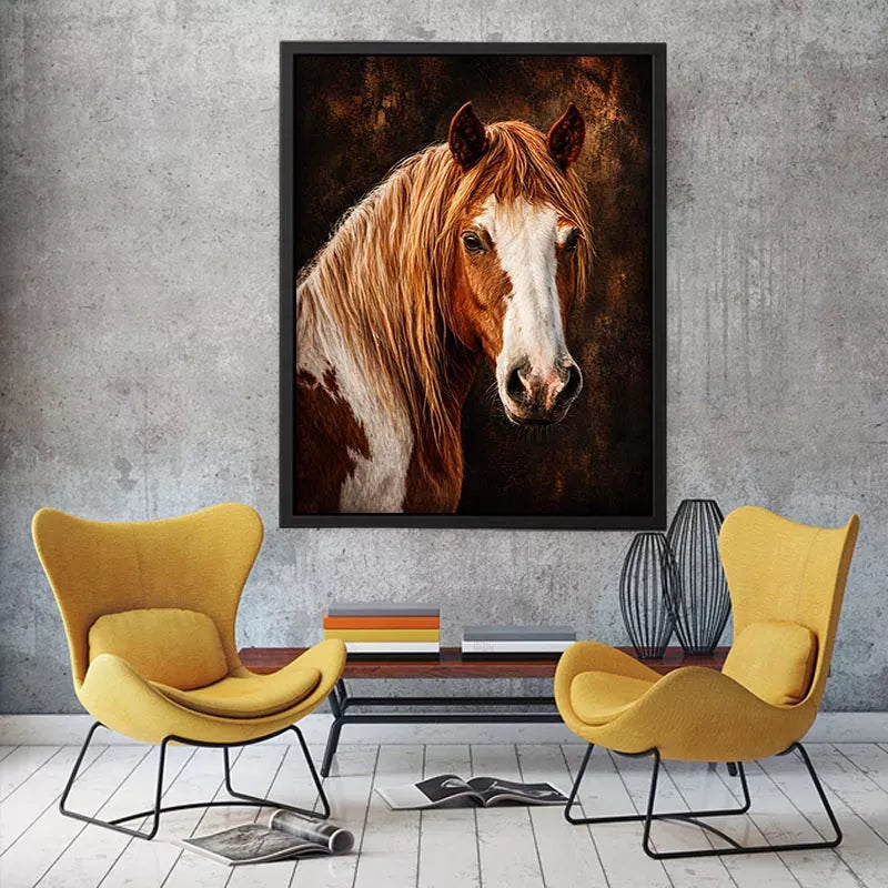 horse portrait wall art canvas, realistic horse painting decor, rustic equine artwork, brown white horse wall art