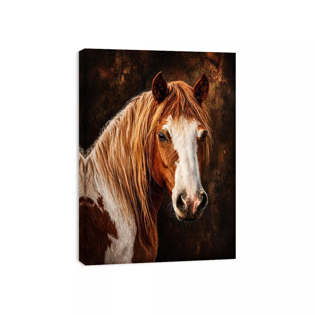 horse portrait wall art canvas, realistic horse painting decor, rustic equine artwork, brown white horse wall art