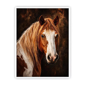 horse portrait wall art canvas, realistic horse painting decor, rustic equine artwork, brown white horse wall art