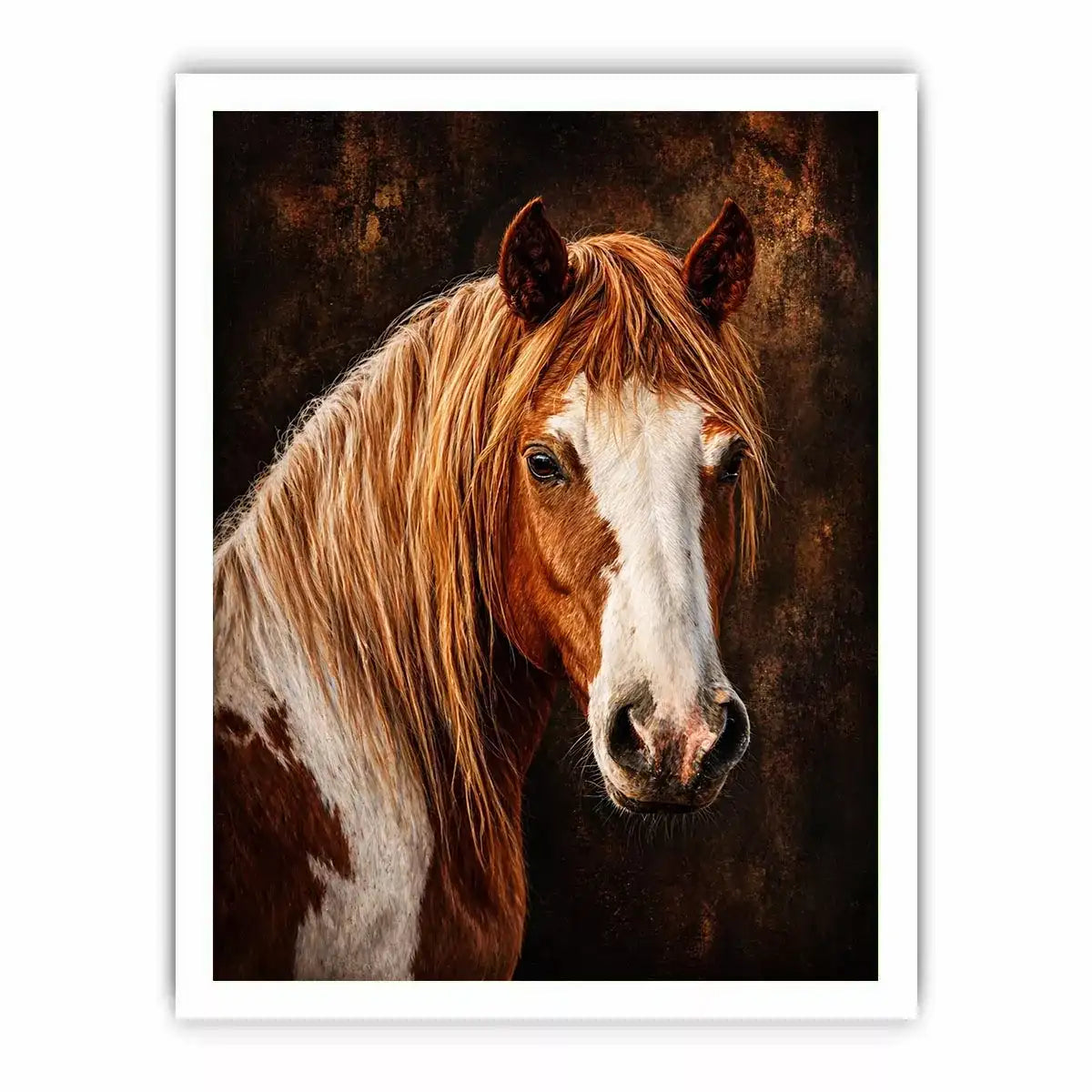 horse portrait wall art canvas, realistic horse painting decor, rustic equine artwork, brown white horse wall art