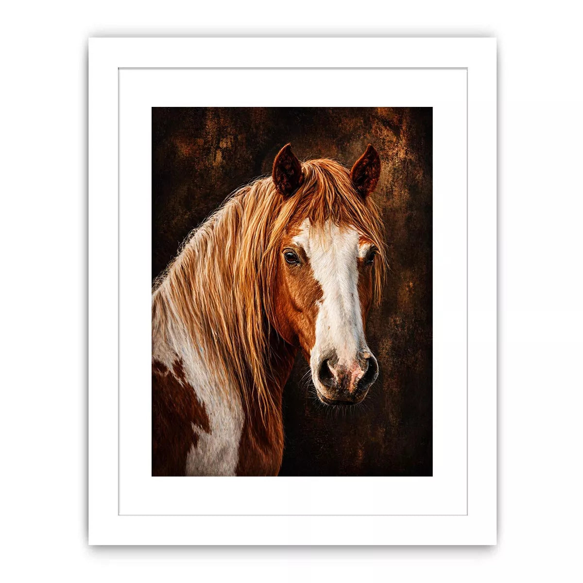 horse portrait wall art canvas, realistic horse painting decor, rustic equine artwork, brown white horse wall art
