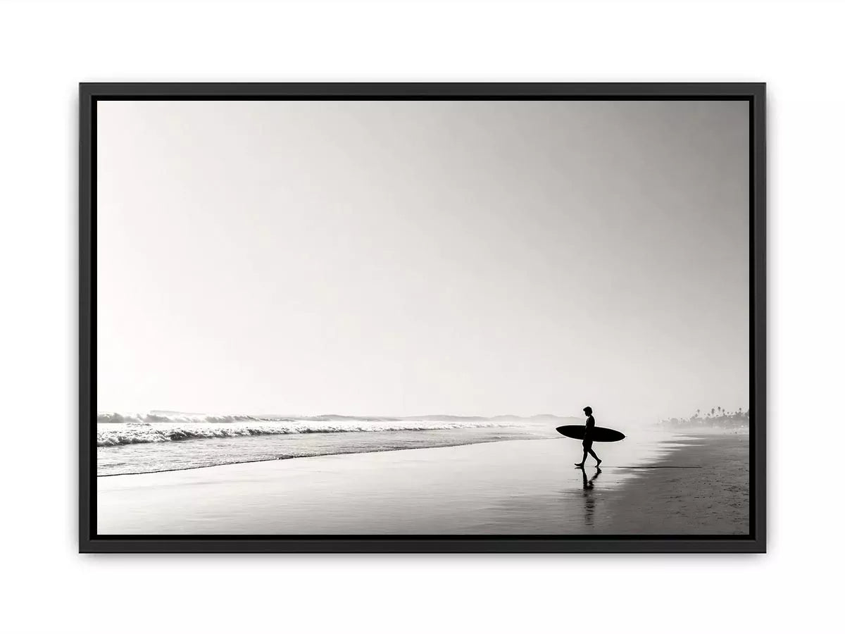 surfer beach wall art black white, minimalist ocean photography canvas, coastal silhouette artwork, serene beach decor