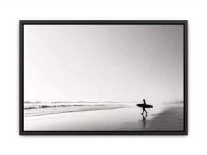 surfer beach wall art black white, minimalist ocean photography canvas, coastal silhouette artwork, serene beach decor