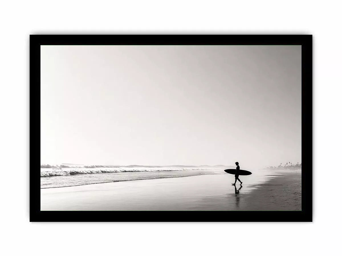 surfer beach wall art black white, minimalist ocean photography canvas, coastal silhouette artwork, serene beach decor