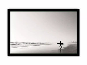 surfer beach wall art black white, minimalist ocean photography canvas, coastal silhouette artwork, serene beach decor