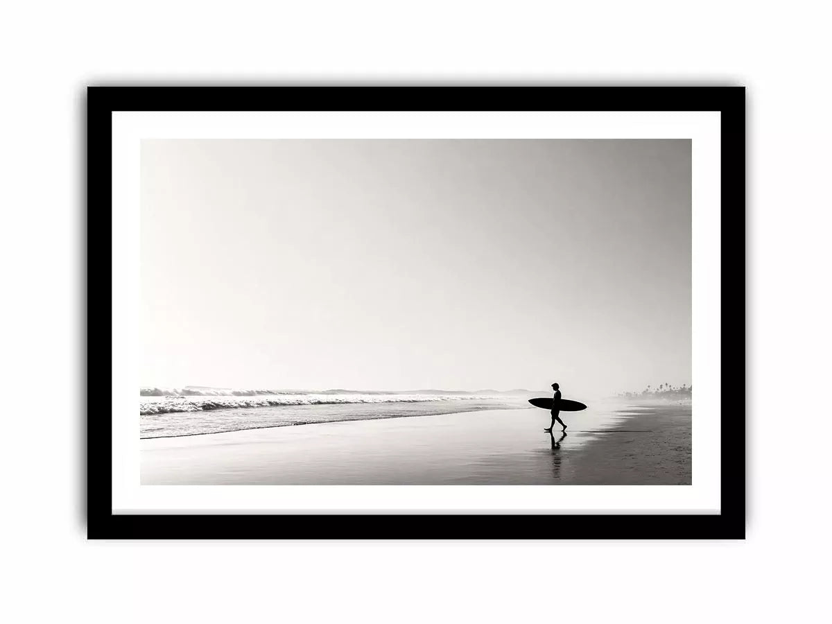 surfer beach wall art black white, minimalist ocean photography canvas, coastal silhouette artwork, serene beach decor