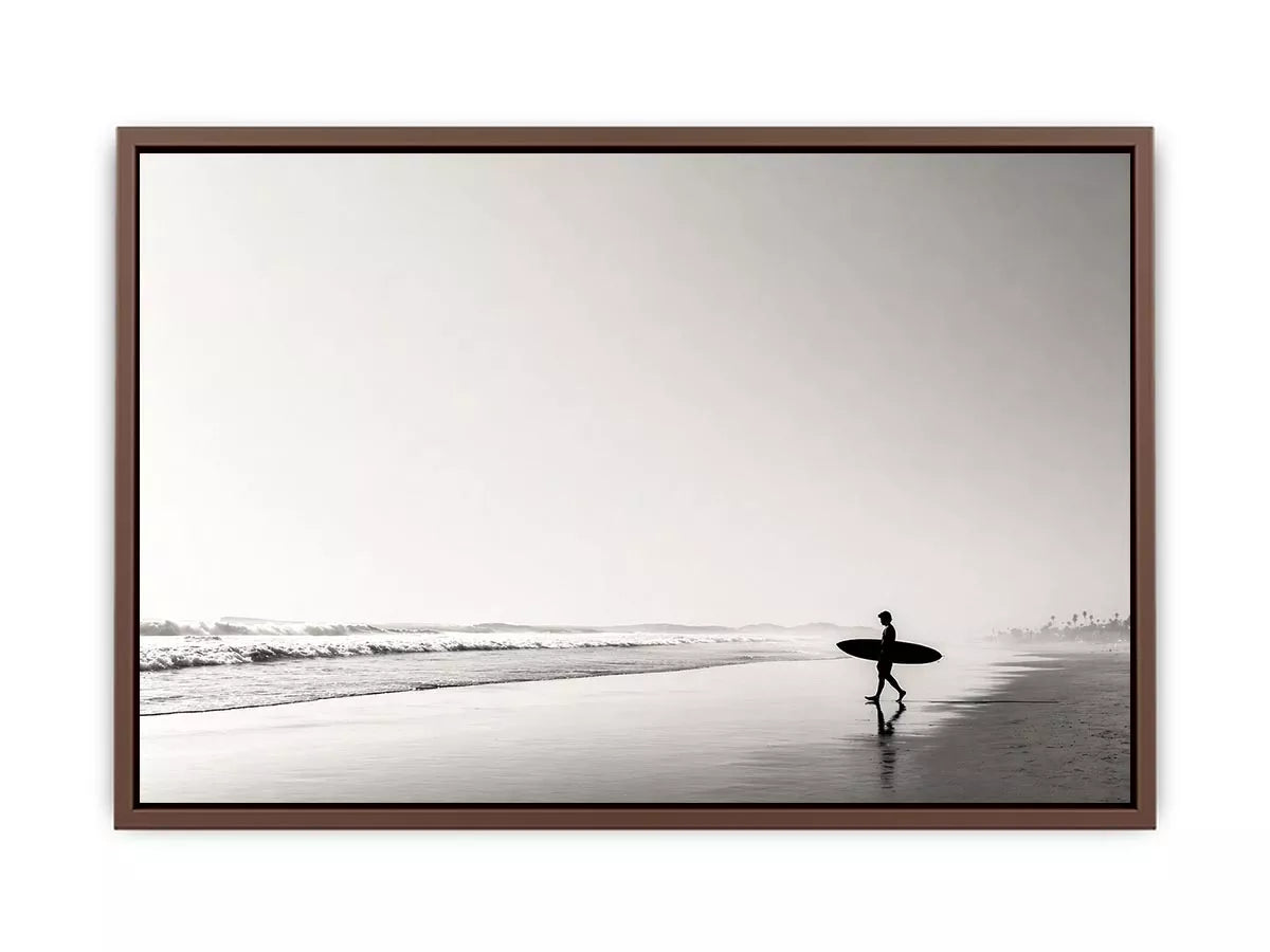 surfer beach wall art black white, minimalist ocean photography canvas, coastal silhouette artwork, serene beach decor