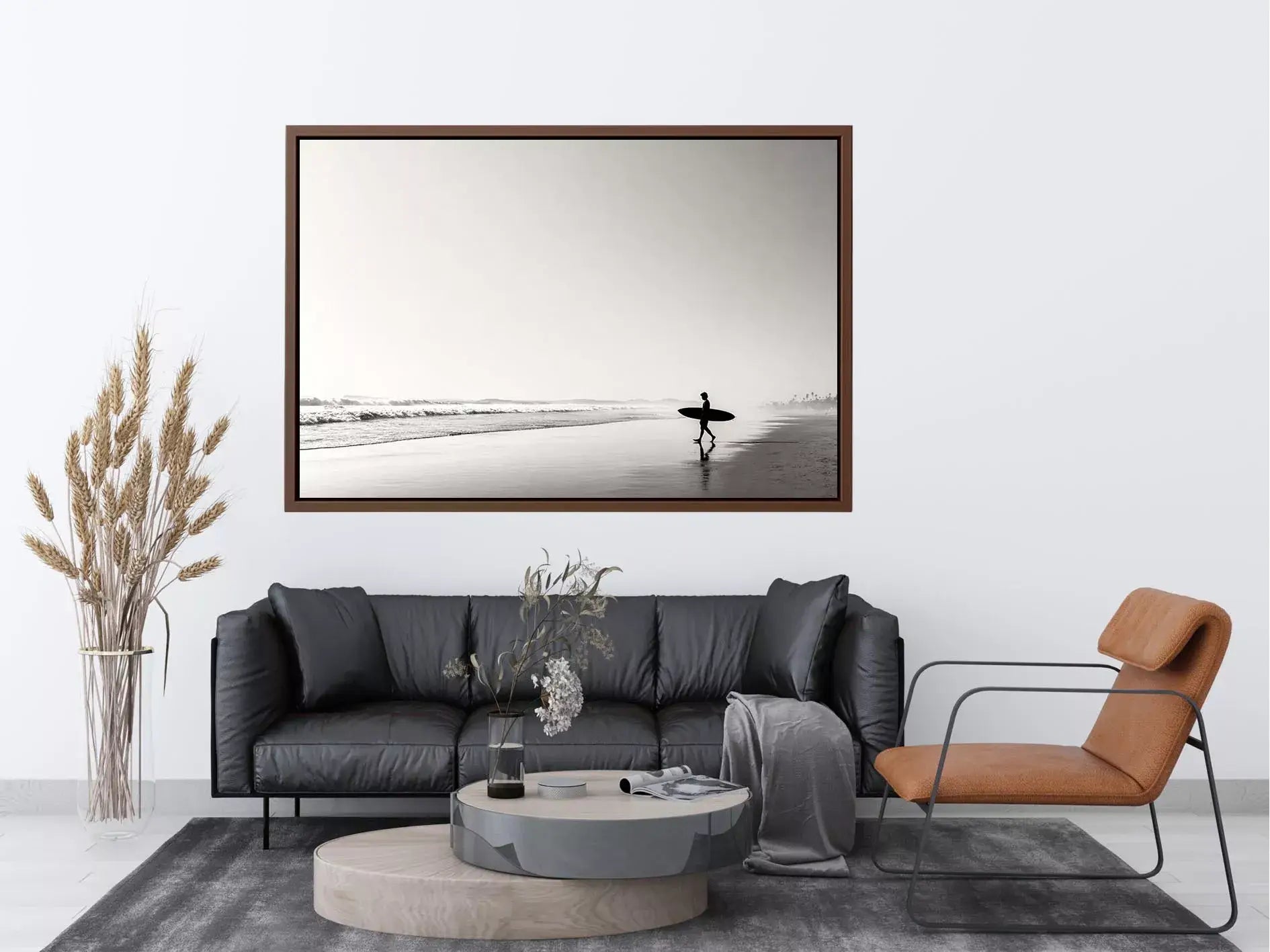 surfer beach wall art black white, minimalist ocean photography canvas, coastal silhouette artwork, serene beach decor