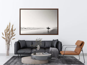 surfer beach wall art black white, minimalist ocean photography canvas, coastal silhouette artwork, serene beach decor