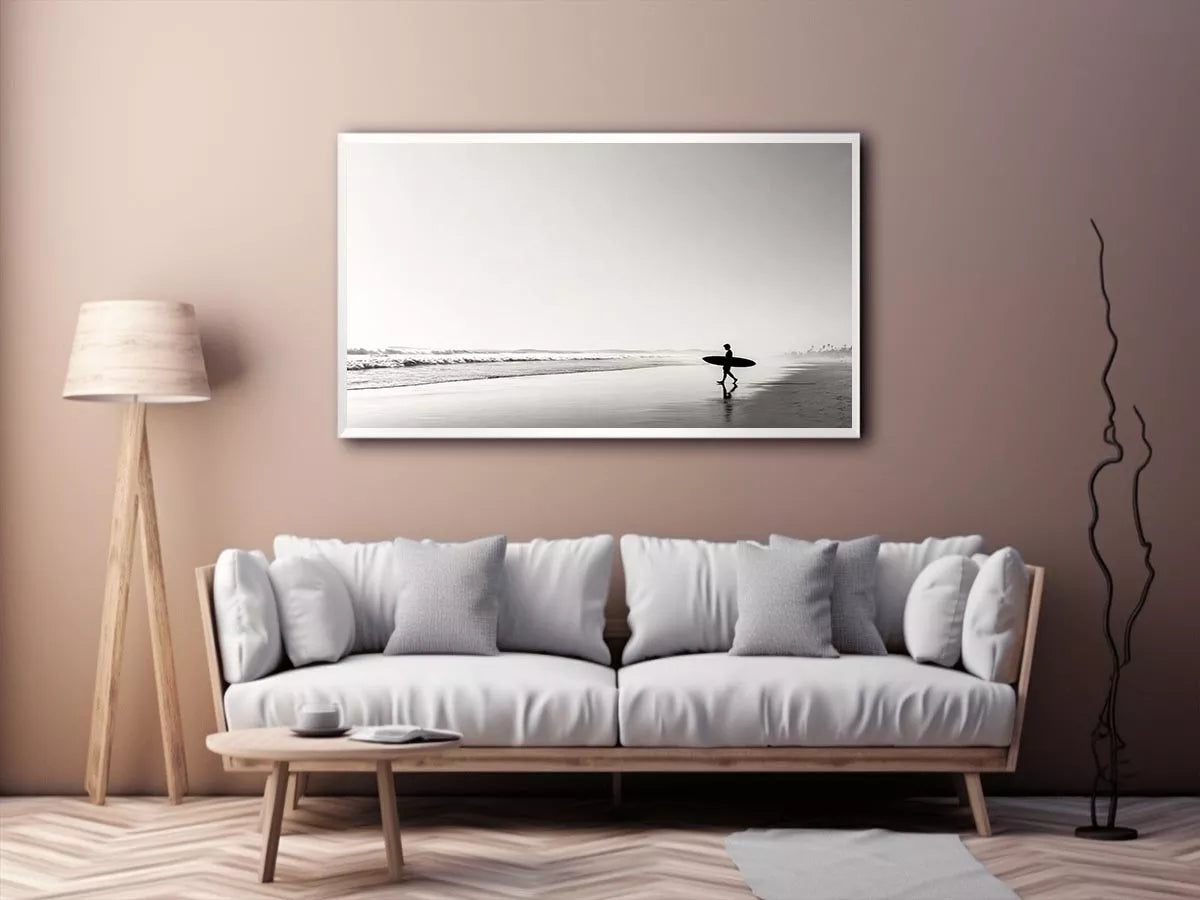 surfer beach wall art black white, minimalist ocean photography canvas, coastal silhouette artwork, serene beach decor