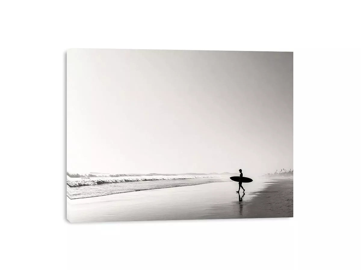 surfer beach wall art black white, minimalist ocean photography canvas, coastal silhouette artwork, serene beach decor