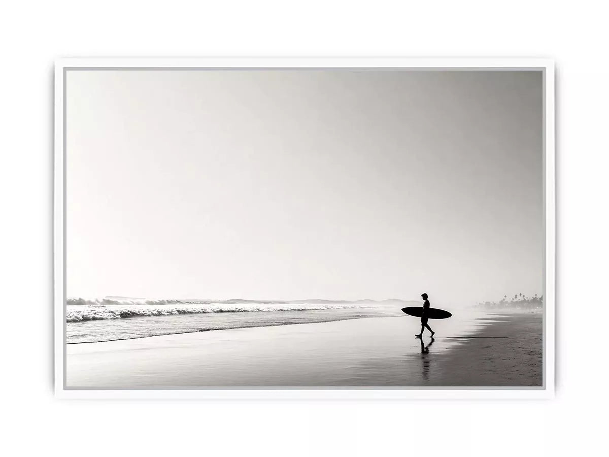 surfer beach wall art black white, minimalist ocean photography canvas, coastal silhouette artwork, serene beach decor
