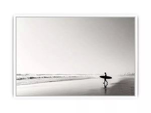 surfer beach wall art black white, minimalist ocean photography canvas, coastal silhouette artwork, serene beach decor