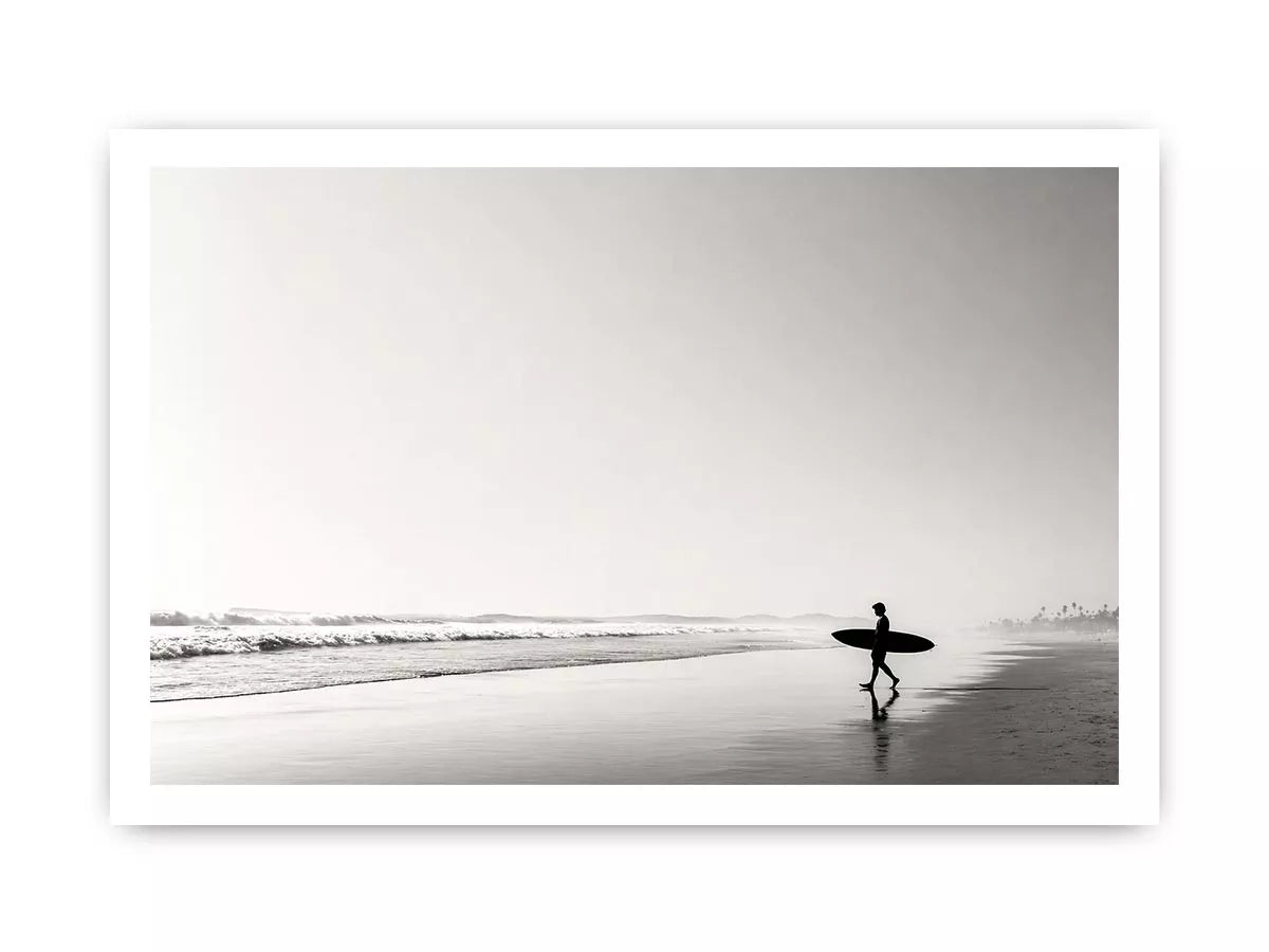surfer beach wall art black white, minimalist ocean photography canvas, coastal silhouette artwork, serene beach decor