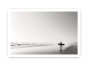 surfer beach wall art black white, minimalist ocean photography canvas, coastal silhouette artwork, serene beach decor