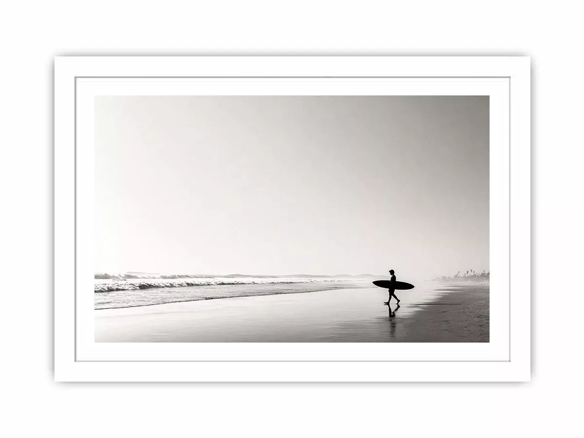 surfer beach wall art black white, minimalist ocean photography canvas, coastal silhouette artwork, serene beach decor
