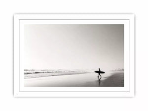 surfer beach wall art black white, minimalist ocean photography canvas, coastal silhouette artwork, serene beach decor