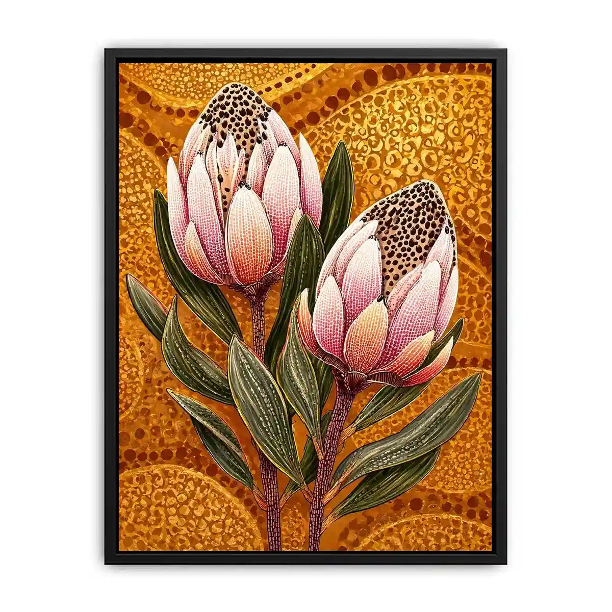 modern protea botanical wall art with golden textured background and pink floral illustration