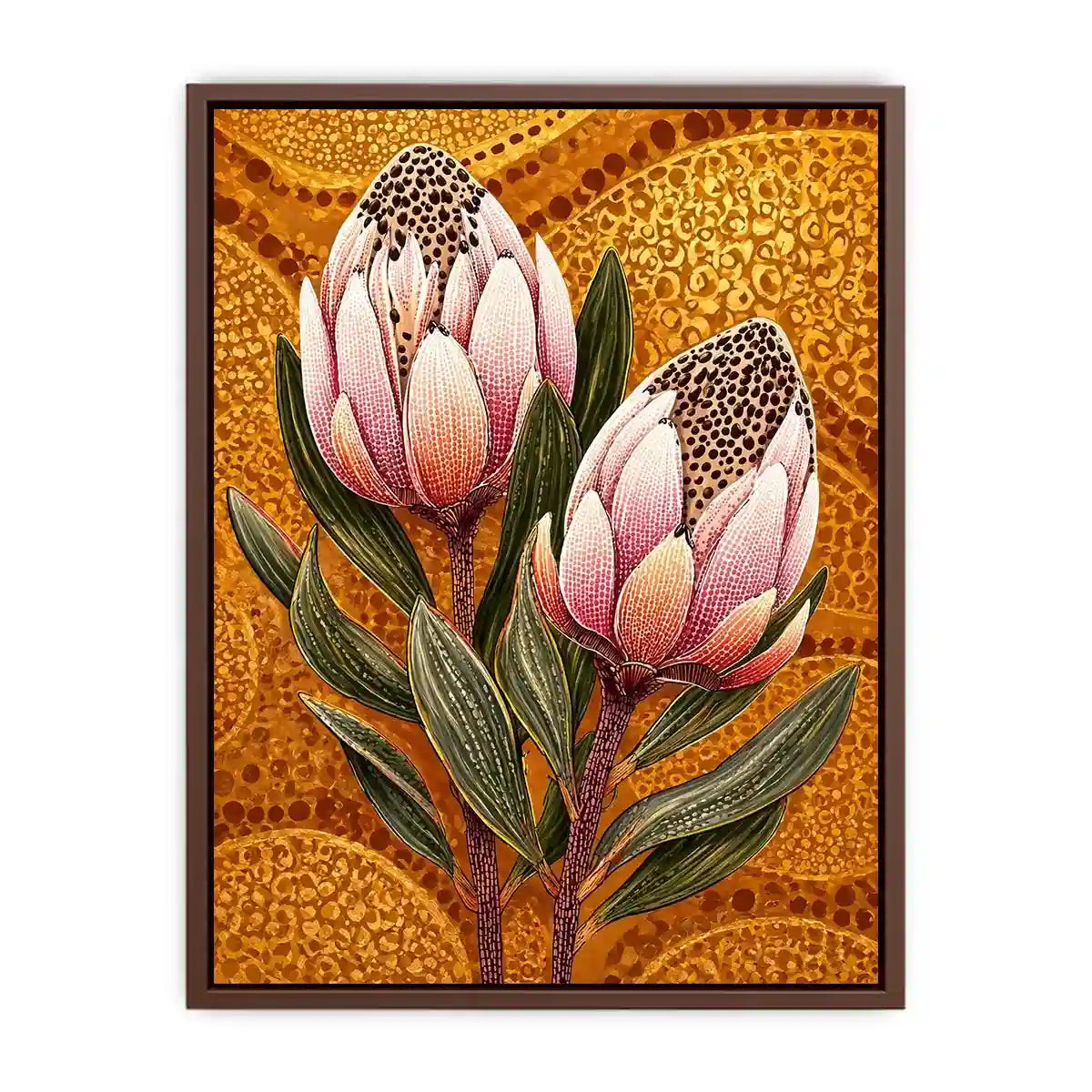 modern protea botanical wall art with golden textured background and pink floral illustration