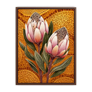 modern protea botanical wall art with golden textured background and pink floral illustration