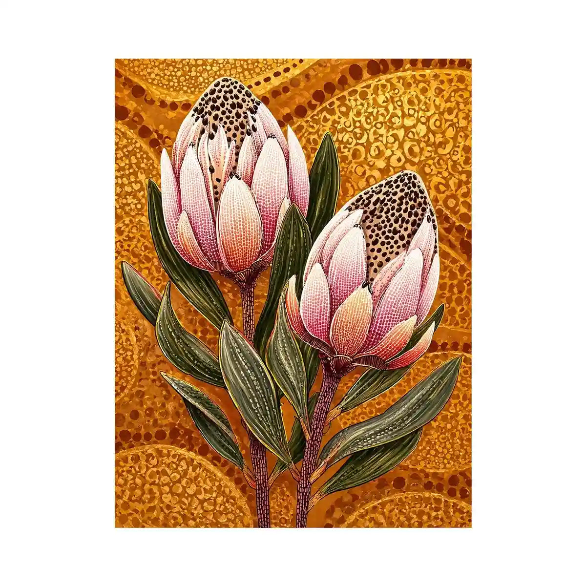 modern protea botanical wall art with golden textured background and pink floral illustration