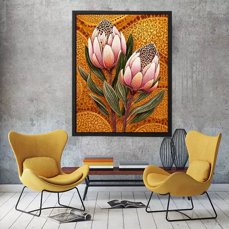 modern protea botanical wall art with golden textured background and pink floral illustration