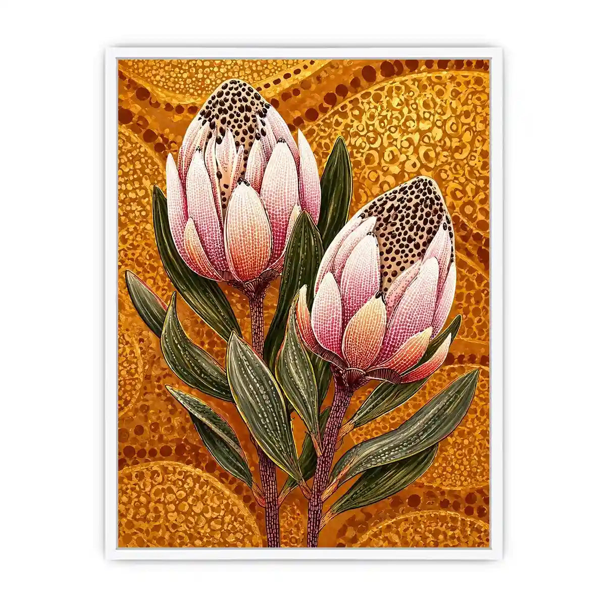 modern protea botanical wall art with golden textured background and pink floral illustration