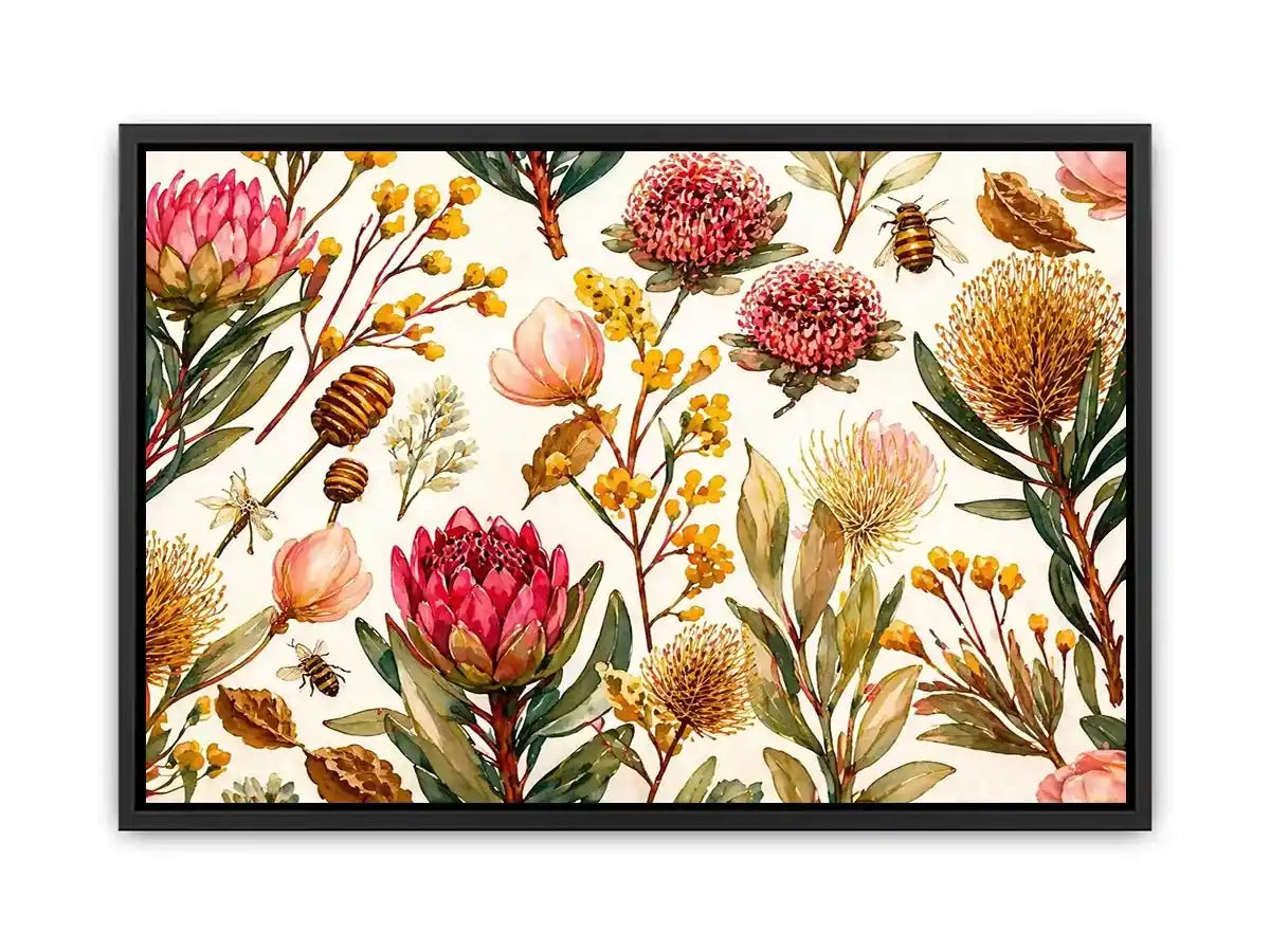watercolor botanical floral pattern with bees and wildflowers wall art canvas
