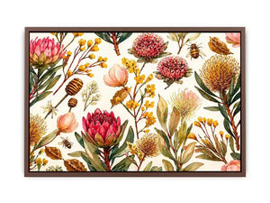watercolor botanical floral pattern with bees and wildflowers wall art canvas