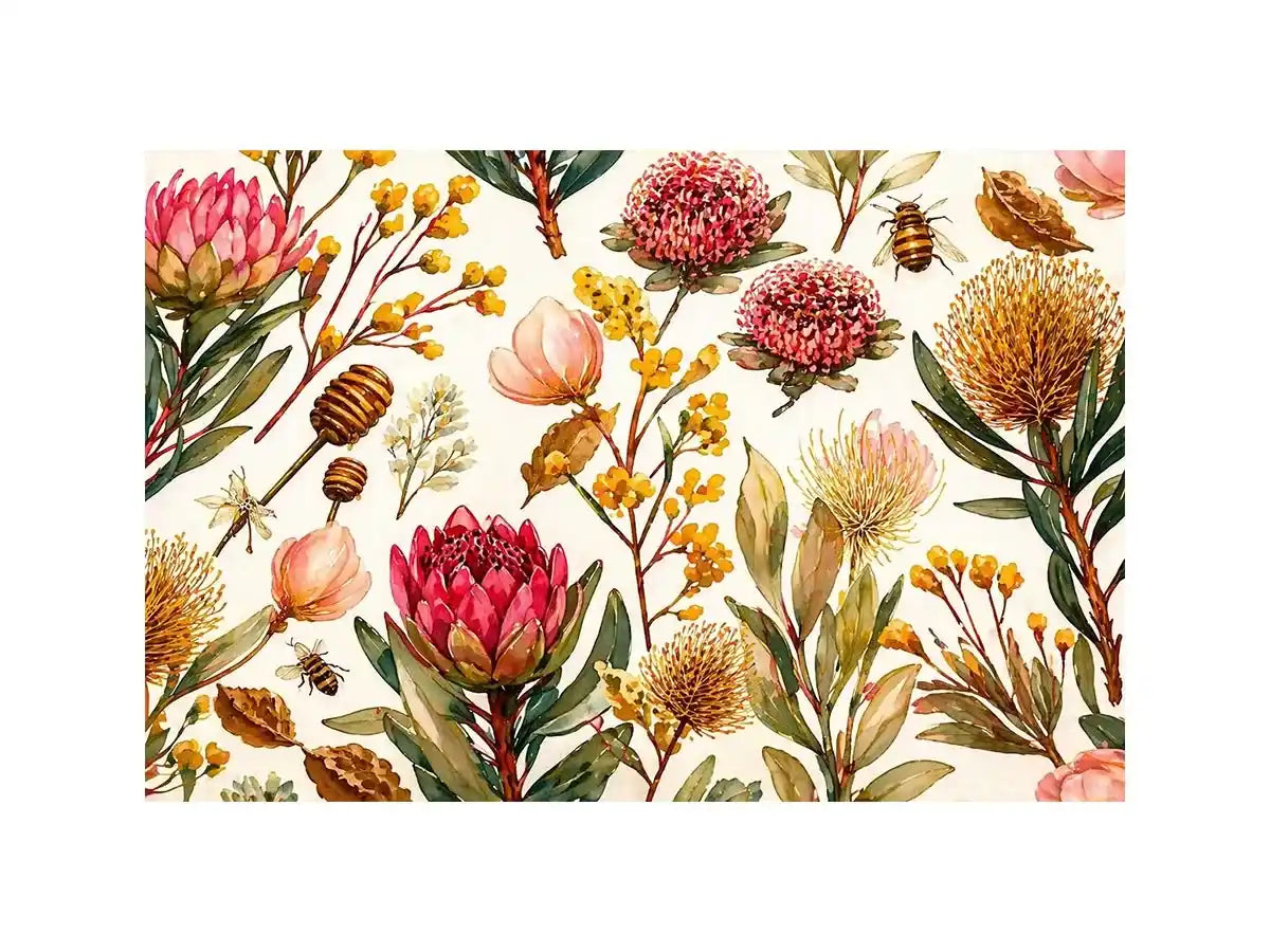 watercolor botanical floral pattern with bees and wildflowers wall art canvas
