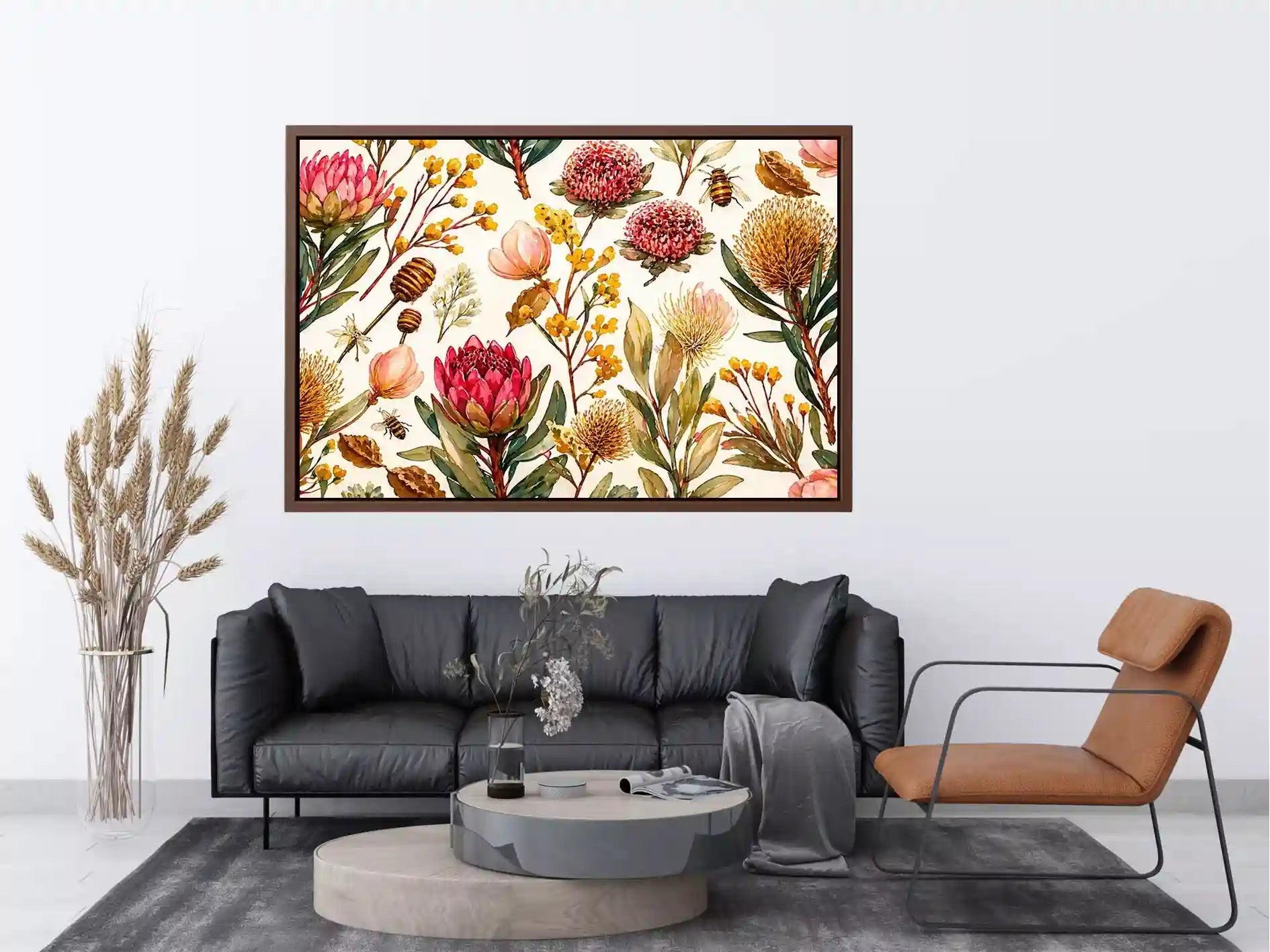watercolor botanical floral pattern with bees and wildflowers wall art canvas