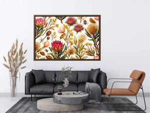 watercolor botanical floral pattern with bees and wildflowers wall art canvas