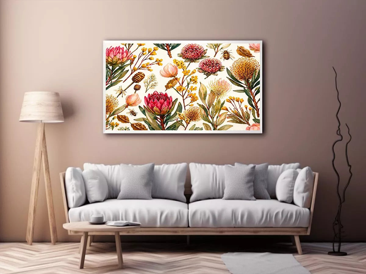 watercolor botanical floral pattern with bees and wildflowers wall art canvas
