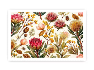 watercolor botanical floral pattern with bees and wildflowers wall art canvas
