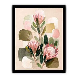 abstract botanical blush floral wall art with soft neutral shapes and green leaves