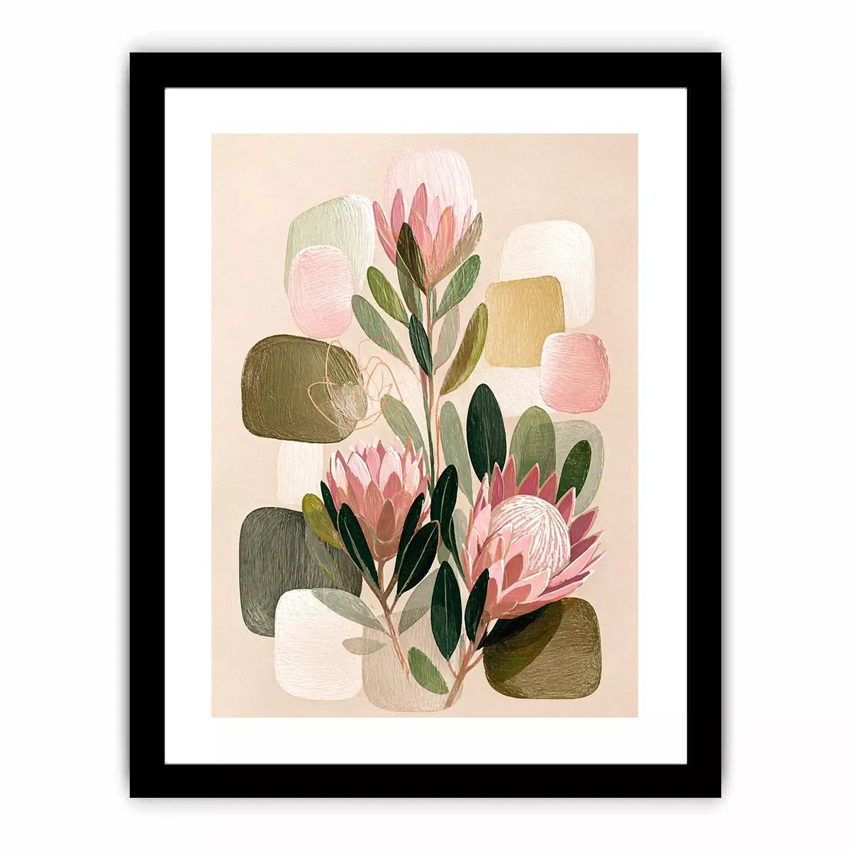 abstract botanical blush floral wall art with soft neutral shapes and green leaves