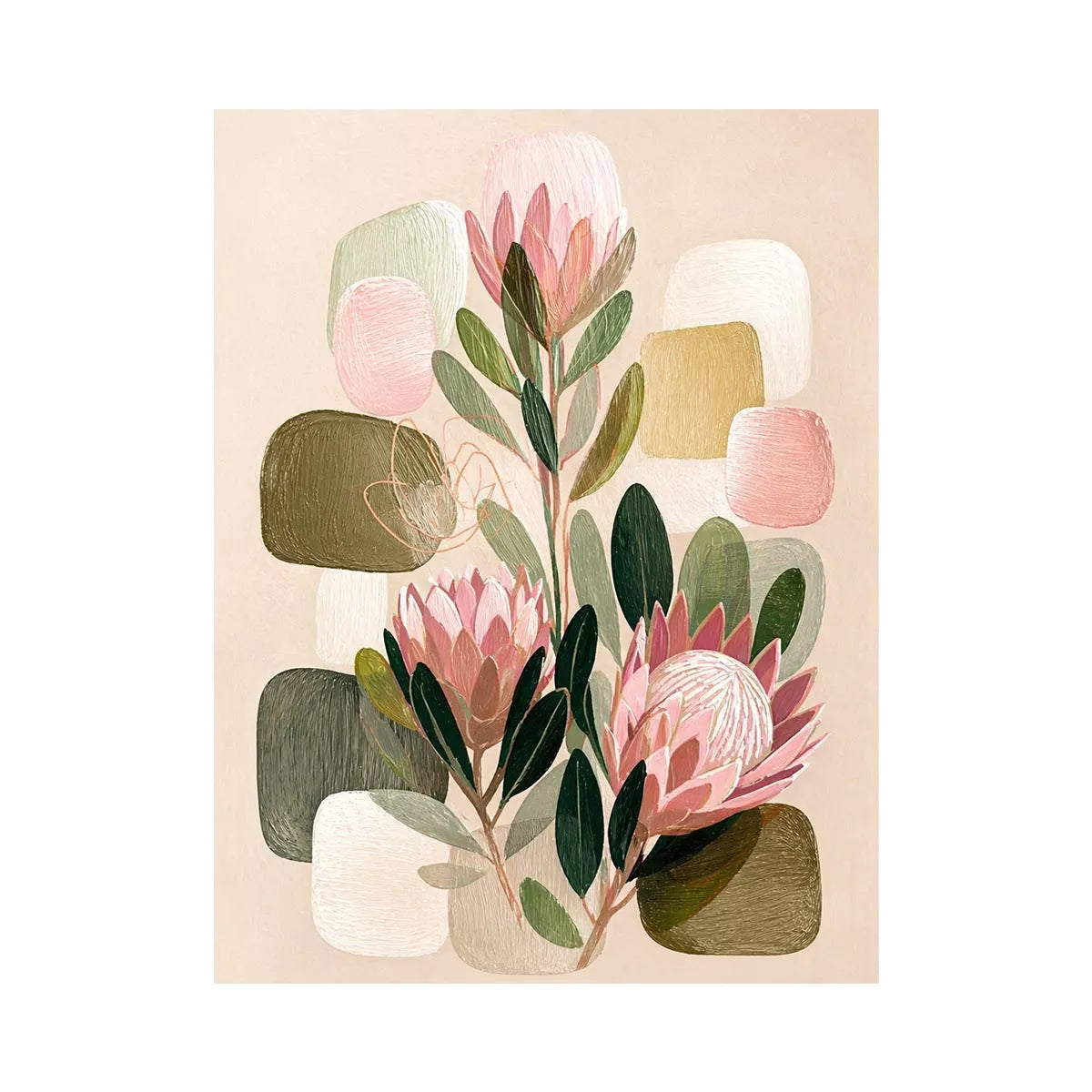 abstract botanical blush floral wall art with soft neutral shapes and green leaves