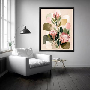 abstract botanical blush floral wall art with soft neutral shapes and green leaves