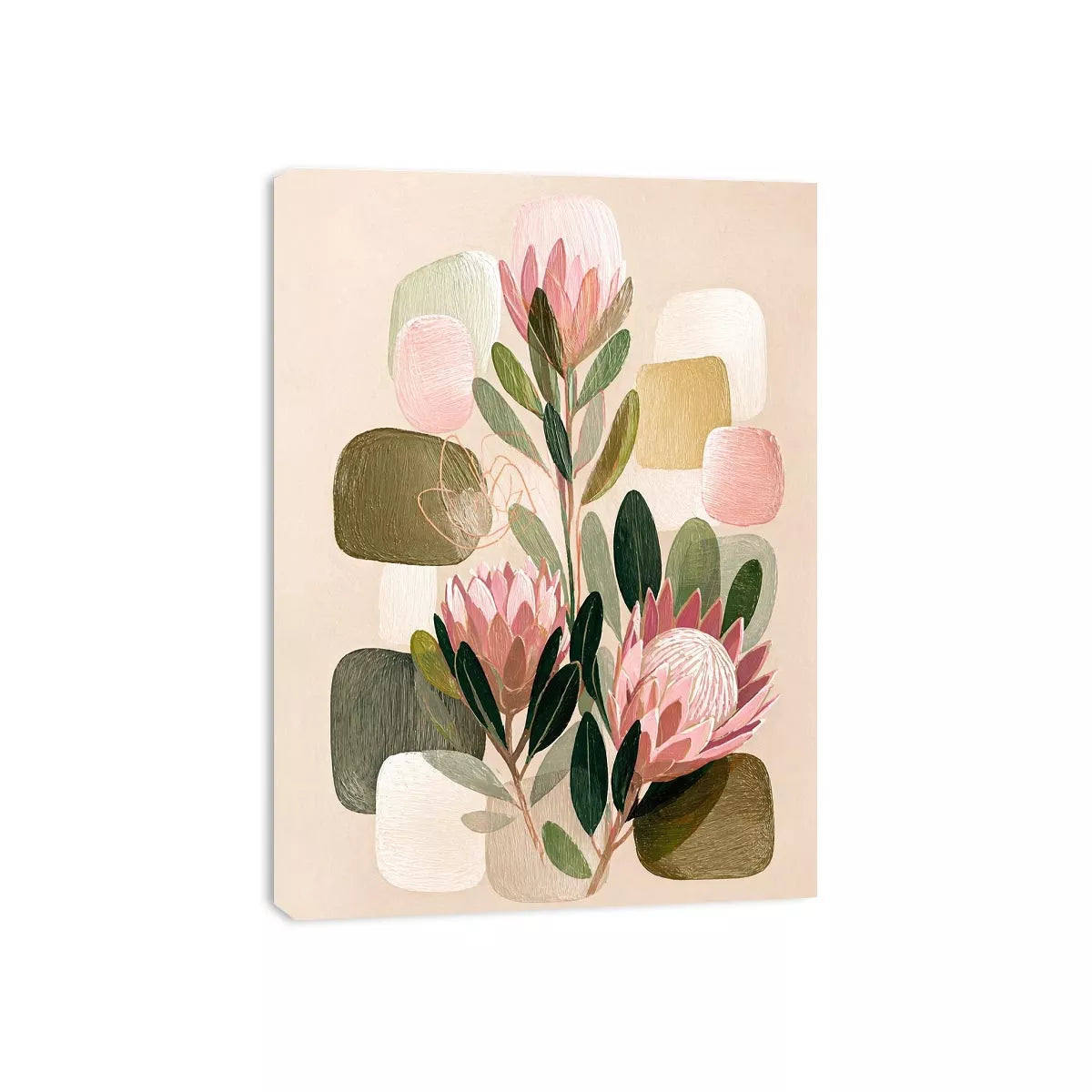 abstract botanical blush floral wall art with soft neutral shapes and green leaves