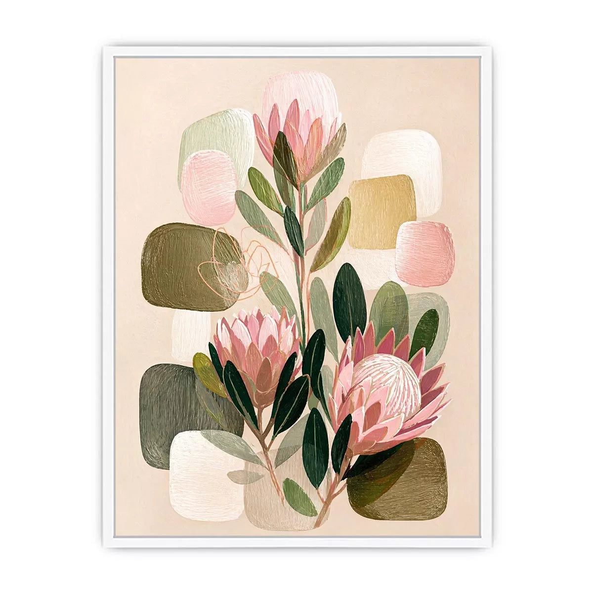 abstract botanical blush floral wall art with soft neutral shapes and green leaves