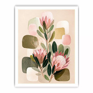 abstract botanical blush floral wall art with soft neutral shapes and green leaves