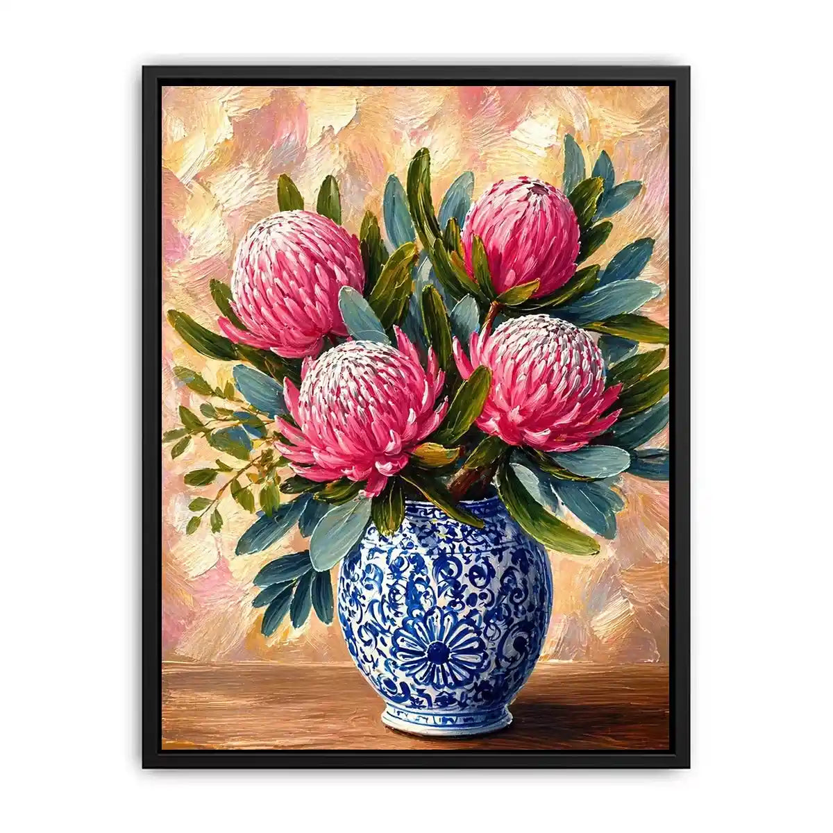 pink protea flowers in blue ceramic vase painting wall art canvas