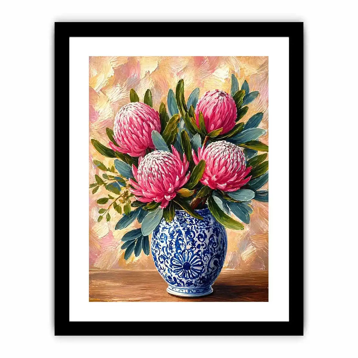 pink protea flowers in blue ceramic vase painting wall art canvas