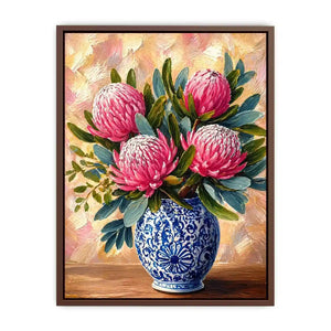 pink protea flowers in blue ceramic vase painting wall art canvas