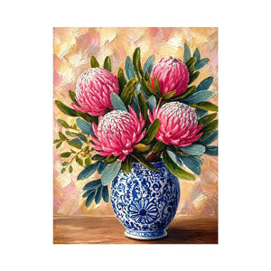 pink protea flowers in blue ceramic vase painting wall art canvas