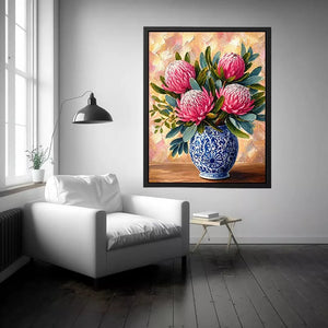 pink protea flowers in blue ceramic vase painting wall art canvas
