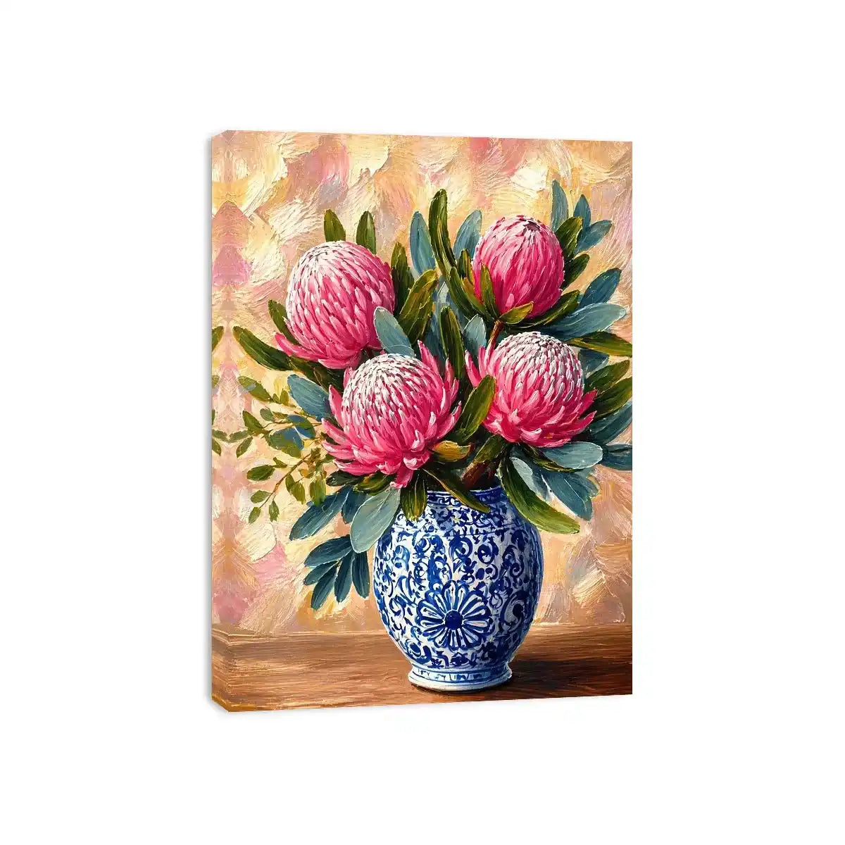 pink protea flowers in blue ceramic vase painting wall art canvas