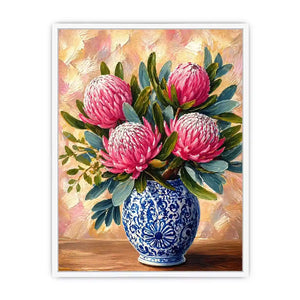 pink protea flowers in blue ceramic vase painting wall art canvas