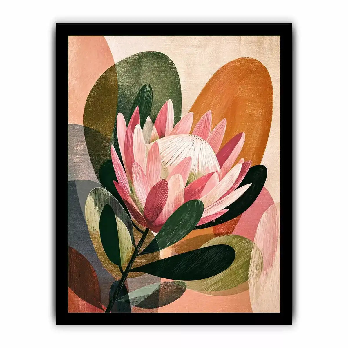 abstract protea flower botanical wall art with earthy tones and modern shapes